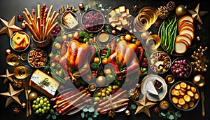 Festive feast: roast turkey, vegetables dishes,cheese board and sauces.Concept of Christmas or New Year dinner