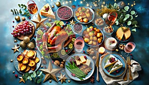 Festive feast: roast turkey, vegetables dishes,cheese board and sauces.Concept of Christmas or New Year dinner