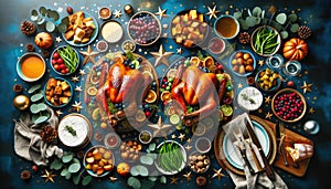 Festive feast: roast turkey, vegetables dishes,cheese board and sauces.Concept of Christmas or New Year dinner