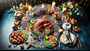 Festive feast: roast turkey, vegetables dishes,cheese board and sauces.Concept of Christmas or New Year dinner