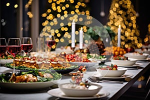 The festive feast set on the table amidst the backdrop of the beautifully adorned Christmas tree