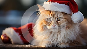 Festive Feline Adorable Cat in Santa Hat with Gift Box