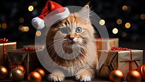 Festive Feline Adorable Cat in Santa Hat with Gift Box