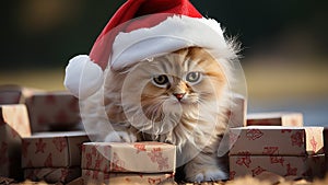 Festive Feline Adorable Cat in Santa Hat with Gift Box