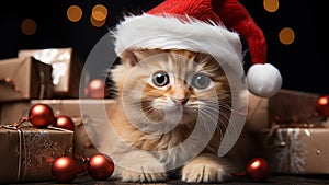 Festive Feline Adorable Cat in Santa Hat with Gift Box