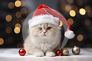Festive Feline: Adorable White Cat in Santa Hat AI Generated