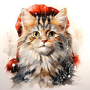 Festive Feline Elegance: Watercolor Winter Cat Portrait wearing Santa Hat