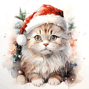 Festive Feline Elegance: Watercolor Winter Cat Portrait wearing Santa Hat