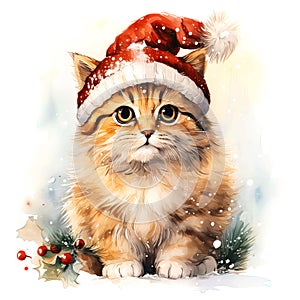 Festive Feline Elegance: Watercolor Winter Cat Portrait wearing Santa Hat