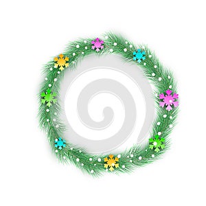 Festive fir branches. Christmas decoration, frame, banner. Realistic vector