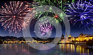 Festive firework over Charles Bridge, Prague, Czech Republic