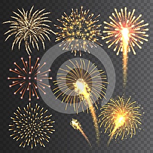 Festive fireworks collection. Realistic colorful firework on transparent background. Multicolored explosion. Christmas