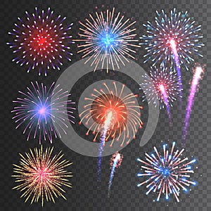 Festive fireworks collection. Realistic colorful firework on transparent background. Multicolored explosion. Christmas