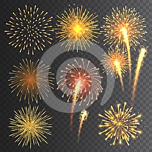 Festive fireworks collection. Realistic colorful firework on transparent background. Multicolored explosion. Christmas