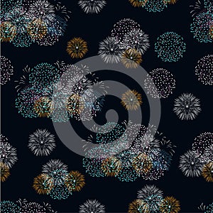 Festive fireworks on a dark background seamless pattern. Decoration for Christmas, New Year holidays and celebrations.