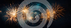 Festive fireworks on dark blue sky background, celebration banner concept