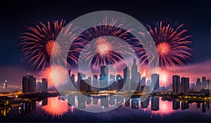 A festive fireworks display with a city skyline in the background.