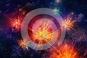 Festive Fireworks: dynamic panorama of a fireworks display illuminating the night sky with bursts of vibrant colors