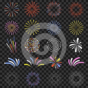 Festive fireworks isolated on transparent background. Brightly, colorful and monochrome celebration firecrackers