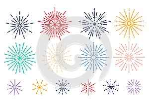 Festive fireworks isolated on white background. Flat style vector illustration