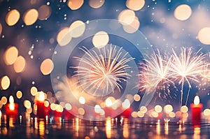 Festive Fireworks Over Glittering Bokeh Background