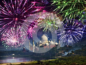 Festive fireworks over Taj Mahal, India