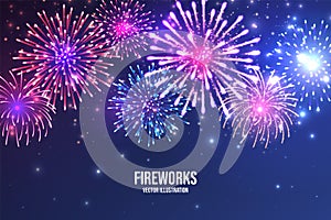 Festive fireworks. Realistic colorful firework on blue abstract background. Multicolored explosion. Christmas or New photo