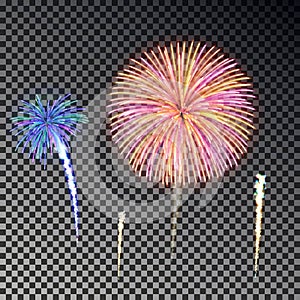 Festive fireworks set. Christmas firecracker light effect isolated on dark background. Firework deco