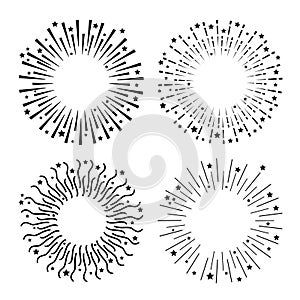 Festive fireworks. Star sparkle sunburst round frame set. Black shine line burst. Merry Christmas. Happy New Year decoration.