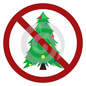 Festive flat fir with balls in prohibition sign. Forbid on celebrations. Ban on Christmas. Vector sign