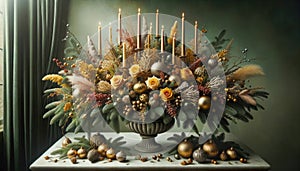 Festive Floral Arrangement with Candles and Baubles for Christmas