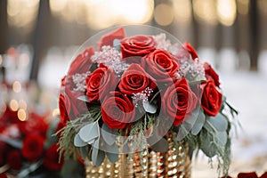 Festive floral charm Winter wedding decor featuring beautiful red roses