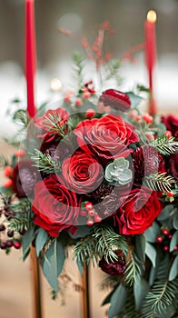 Festive floral charm Winter wedding decor featuring beautiful red roses