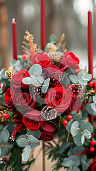 Festive floral charm Winter wedding decor featuring beautiful red roses