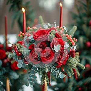 Festive floral charm Winter wedding decor featuring beautiful red roses
