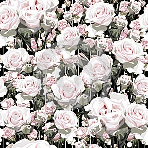 Festive Floral pattern. Many different sizes softness pink roses with green stems.