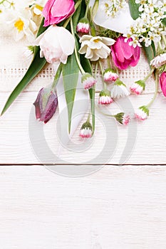 Flowers composition. Frame made of white flowers on white background. Valentine's Day. Flat lay, top view.