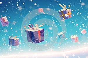 Festive flurry Gift boxes gracefully floating against a snowy backdrop