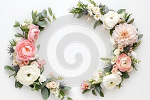 Festive frame from pink white flowers composition on the white background, flat lay. Copy space. Birthday