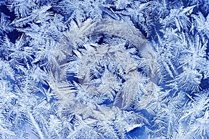 festive frosty pattern with white snowflakes on a blue background on glass