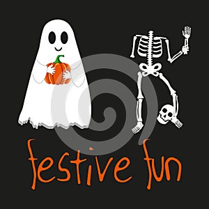 Festive fun in halloween. Vector illustration. The ghost is holding a pumpkin, the skeleton has lost its head