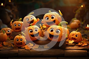 Festive funny pumpkins with eyes in a magical forest before Halloween