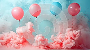 Festive Gender Reveal Backdrop with Pastel Smoke Clouds, Blue and Red Balloons, and Confetti