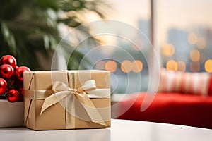 Festive Gift Box with Gold Bow on Soft Background, Holiday Season Presentation