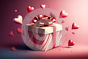Festive gift box with red heart balloons. Generative ai