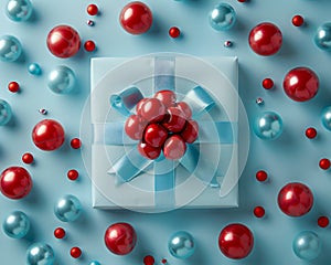 Festive Gift Box with Red Ornaments on a Blue Background, Holiday Present Concept, Christmas and Birthday Celebration