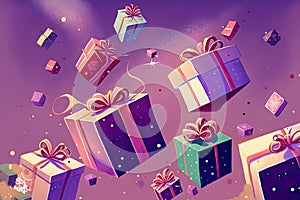 Festive Gift Boxes on Purple Background\