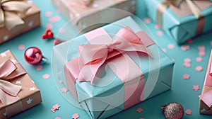 Festive Gift Stacks: A Joyful Heap of Wrapped Boxes with Bows for Christmas, photo