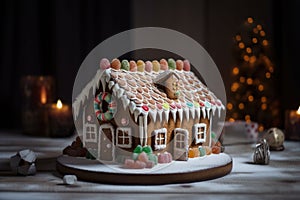 festive gingerbread house, filled with miniature pastries and sweets