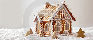 Festive Gingerbread House With Gold Lights, Handdecorated For Christmas, On White Backdrop photo